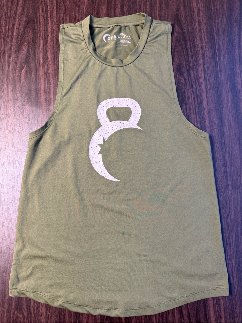 ZYIA Olive Green Sleeveless Training Tank with White Crescent Kettlebell